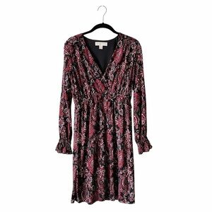 Michael Kors Paisley Dress Women's Size XS Red Ruffle Fit Flare V-Neck Long Slv
